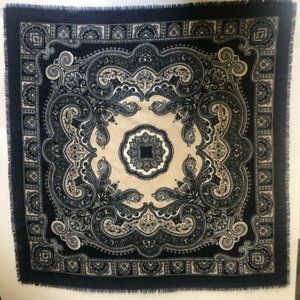 Vintage Navy Blue & Ivory Medallian Fringed Scarf